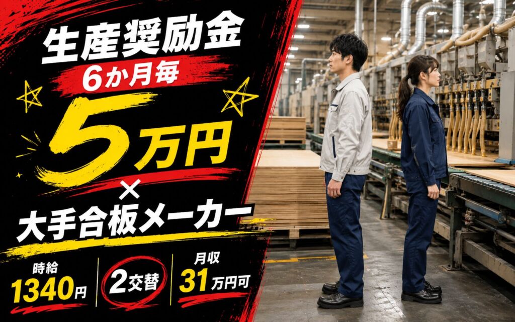 生産奨励金6か月毎5万円×大手合板メーカー！住宅用合板の乾燥・接着剤塗布／時給1340円・2交替・月収31万