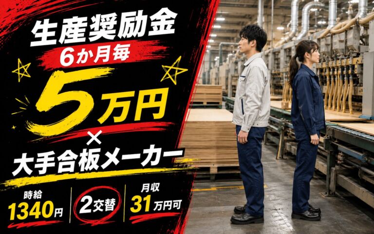 生産奨励金6か月毎5万円×大手合板メーカー！住宅用合板の乾燥・接着剤塗布／時給1340円・2交替・月収31万