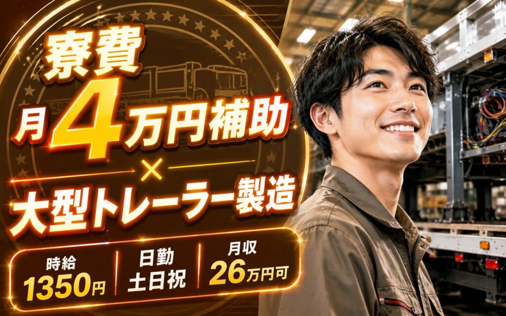 寮費月4万円補助×大型トレーラー製造！フレーム形成・床貼り・電気配線／時給1350円・日勤土日祝・月収26万