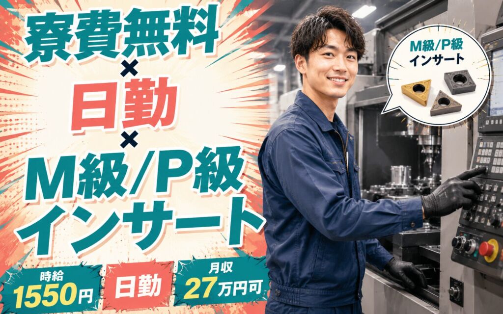 寮費無料×日勤×M級/P級インサート！切削工具の機械OP・検査・運搬／時給1550円・日勤・月収27万円可