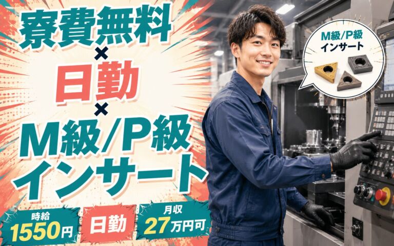 寮費無料×日勤×M級/P級インサート！切削工具の機械OP・検査・運搬／時給1550円・日勤・月収27万円可