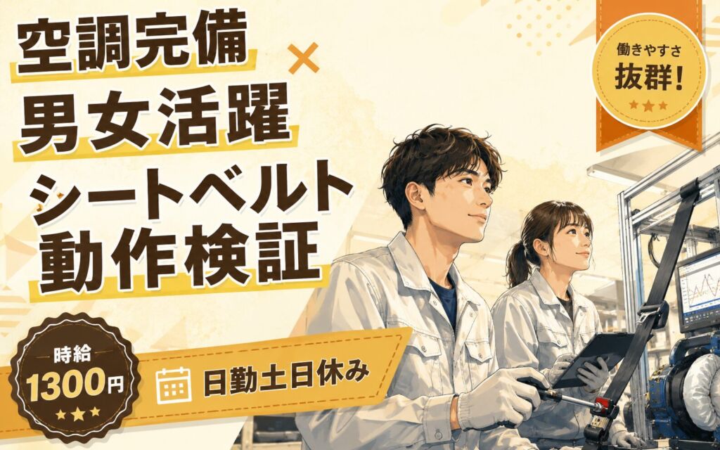 空調完備×男女活躍×シートベルト動作検証！自動車エアバッグ部品の検証工程／時給1300円・日勤土日休み