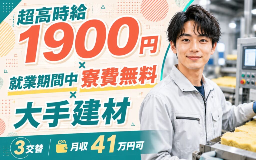 超高時給1900円×就業期間中寮費無料×大手建材！グラスウール断熱材のラインOP／3交替・月収41万円可