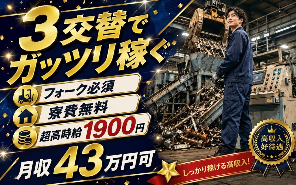 3交替でガッツリ稼ぐ×廃材スクラップ・解砕設備運転／フォーク必須・寮費無料・超高時給1900円・月収43万円可