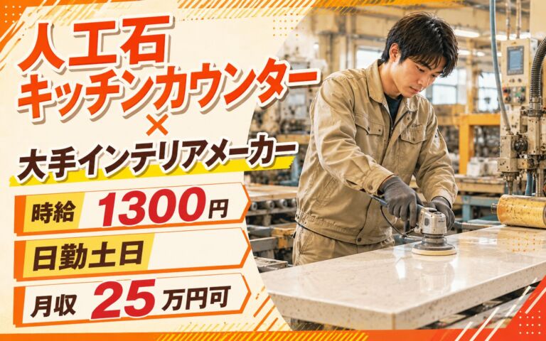 人工石キッチンカウンター×大手インテリアメーカー！機械OP・人工石磨き／時給1300円・日勤土日・月収25万