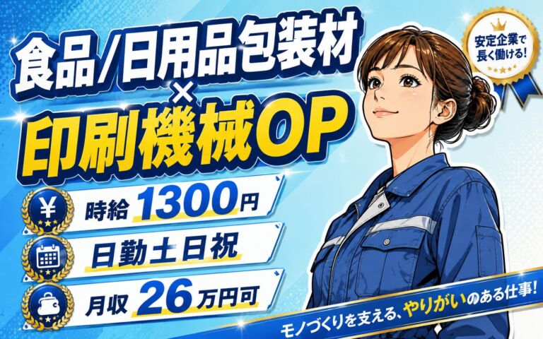 食品/日用品包装材×印刷機械OP！原料装填・色調整・仕上げチェック／時給1300円・日勤土日祝・月収26万