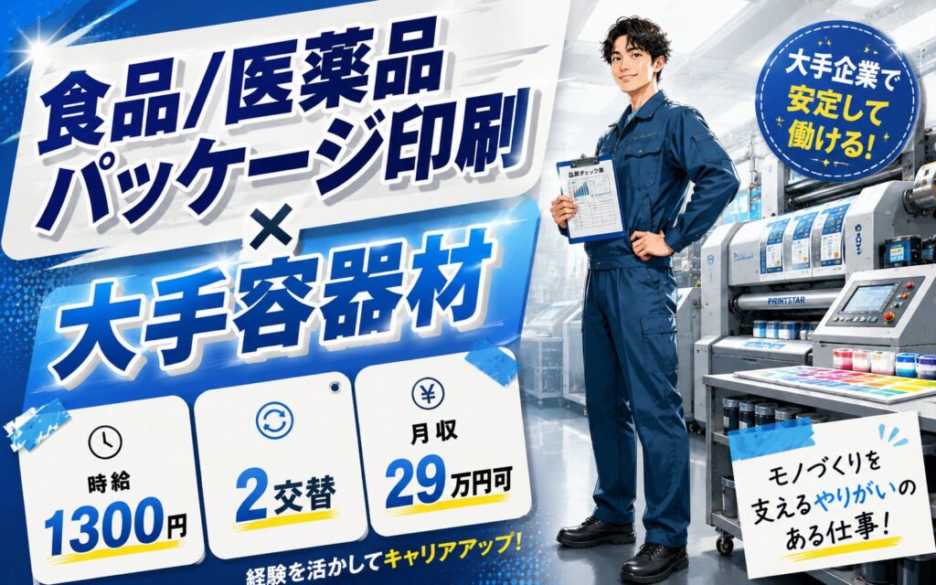 食品/医薬品パッケージ印刷×大手容器材！印刷機OP・インク調色・品質管理／時給1300円・2交替・月収29万