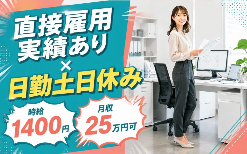 直接雇用実績あり×日勤土日休み！プラスチック工場の事務(図面準備・PC作業)／時給1400円・月収25万円可
