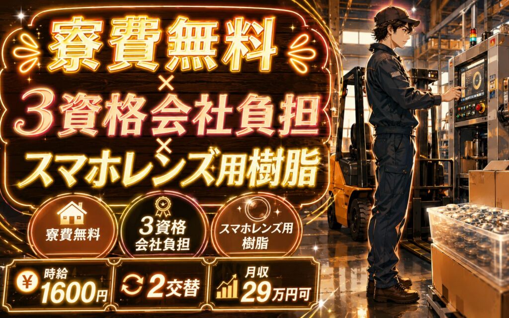 寮費無料×3資格会社負担×スマホレンズ用樹脂！フォーク運搬・機械操作／時給1600円・2交替・月収29万