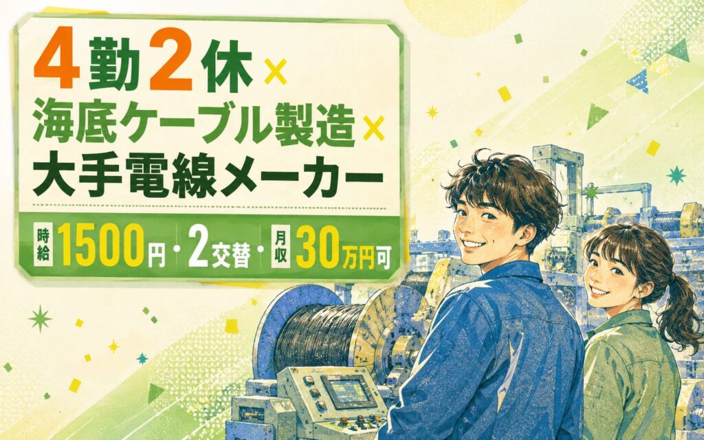 4勤2休×海底ケーブル製造×大手電線メーカー！ボビン巻付・機械OP／時給1500円・2交替・月収30万円可