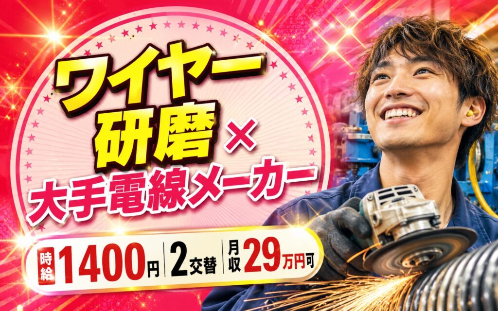 ワイヤー研磨×大手電線メーカー！グラインダー360度・産業用ケーブル製造／時給1400円・2交替・月収29万