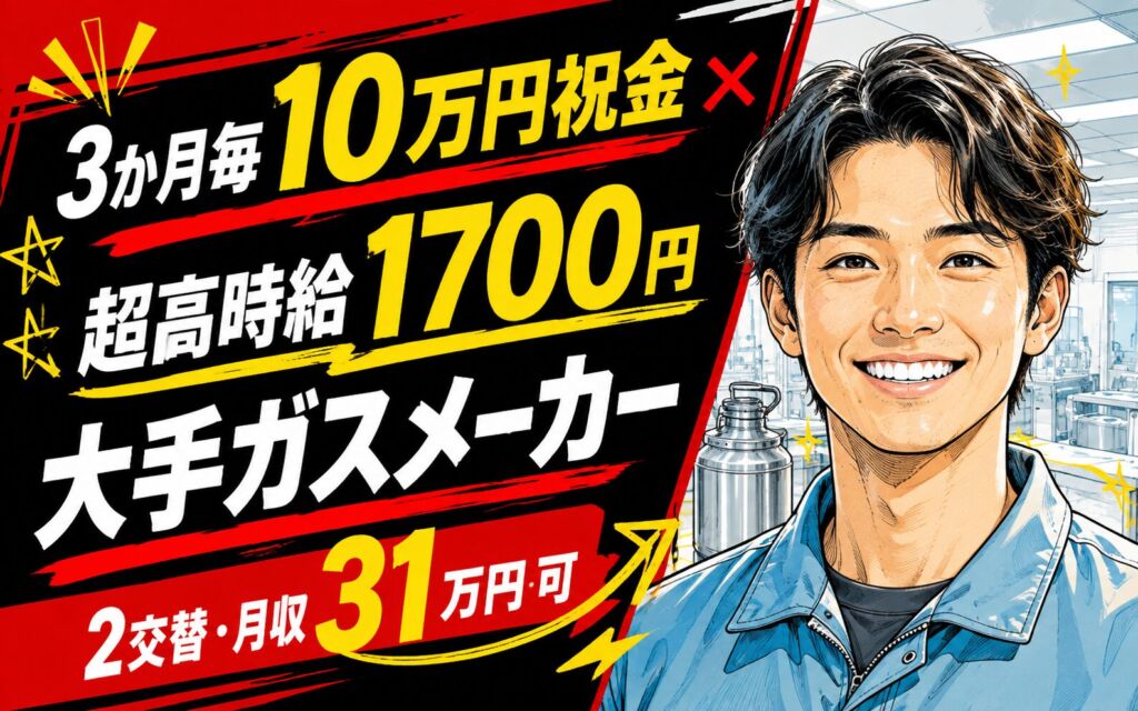 3か月毎10万円祝金×超高時給1700円×大手ガスメーカー！半導体個体材料の容器整備／2交替・月収31万円可