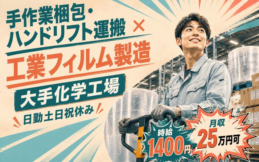 手作業梱包・ハンドリフト運搬×工業フィルム製造！大手化学工場／日勤土日祝休み・時給1400円・月収25万円可