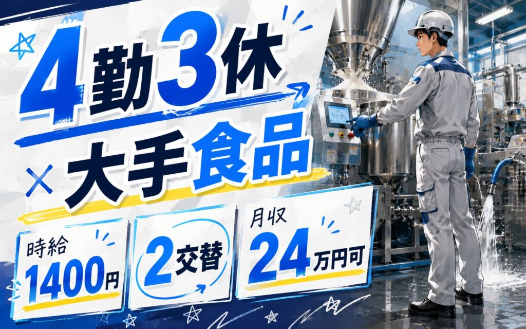 4勤3休×大手食品！食品添加物の材料投入・機械OP・洗浄／時給1400円・2交替・月収24万円可