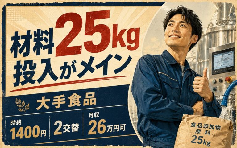 材料25kg投入がメイン！食品添加物製造の機械OP・洗浄／大手食品・時給1400円・2交替・月収26万円可