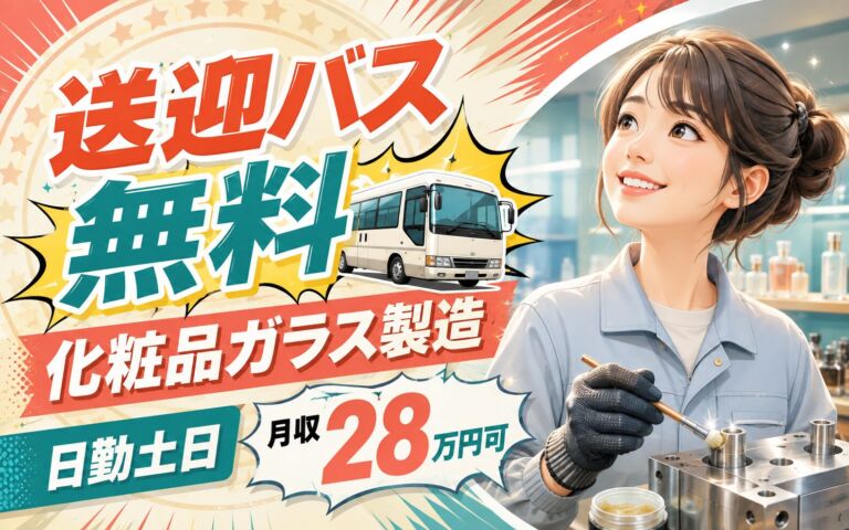 送迎バス無料×化粧品硝子製造×大手ガラスメーカー！金型検品・グリス塗り／時給1400円・日勤土日・月収28万