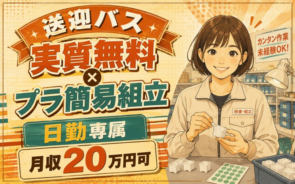 送迎バス実質無料×日勤専属×プラ簡易組立！手のひらサイズの手組・シール貼り／時給1180円・月収20万