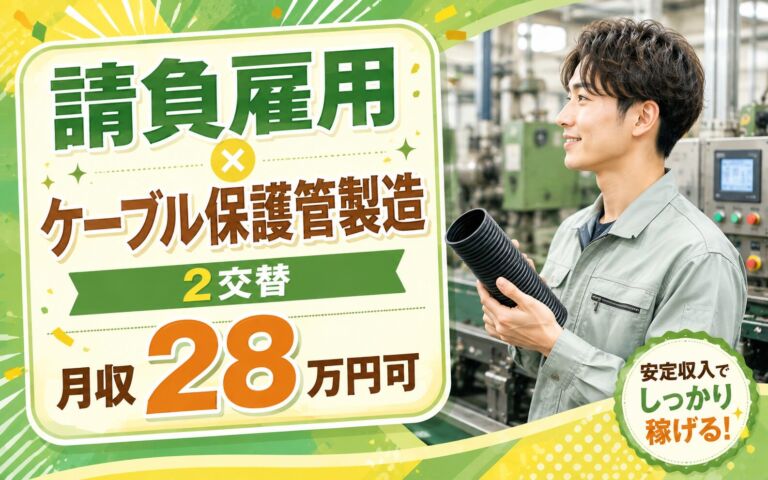 請負雇用×ケーブル保護管製造×2交替！材料投入・金型交換・機械OP／時給1500円・月収28万円可・土日