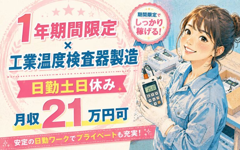 1年期間限定×日勤土日休み！工業温度検査器の梱包・簡単組立／時給1300円・日勤・月収21万円可