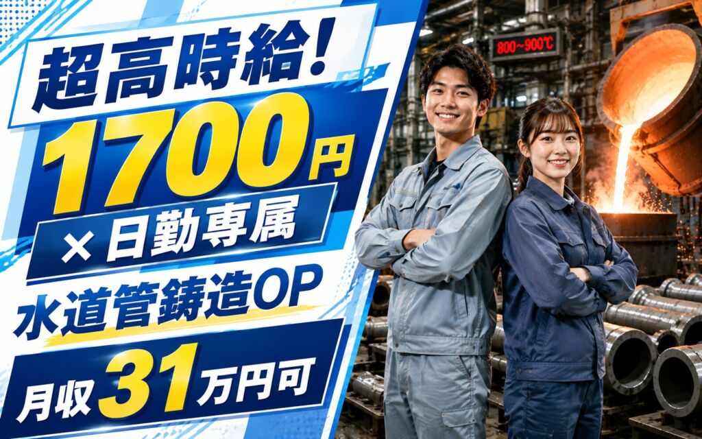 超高時給1700円×大浴場あり×日勤専属！水道管の炉800-900度で鋳造OP／月収31万円可・船橋