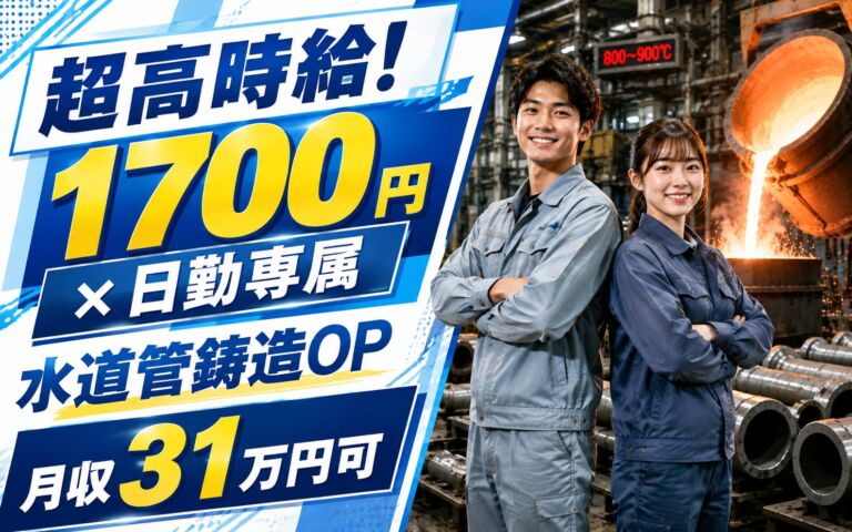 超高時給1700円×大浴場あり×日勤専属！水道管の炉800-900度で鋳造OP／月収31万円可・船橋