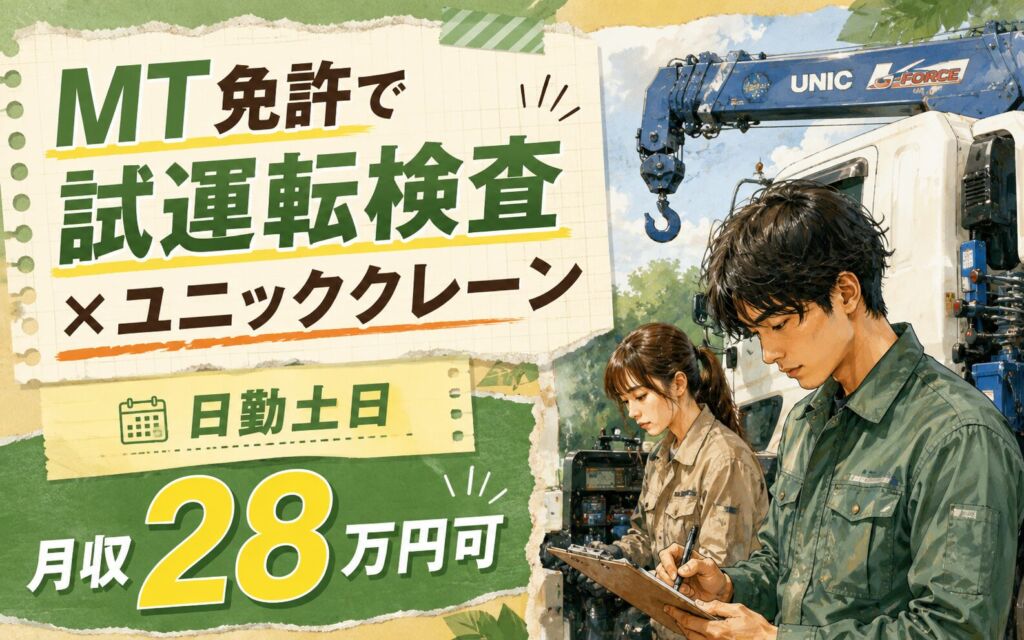 MT免許でユニッククレーン試運転×検査工程！目視検査・動作確認／時給1500円・日勤土日・月収28万