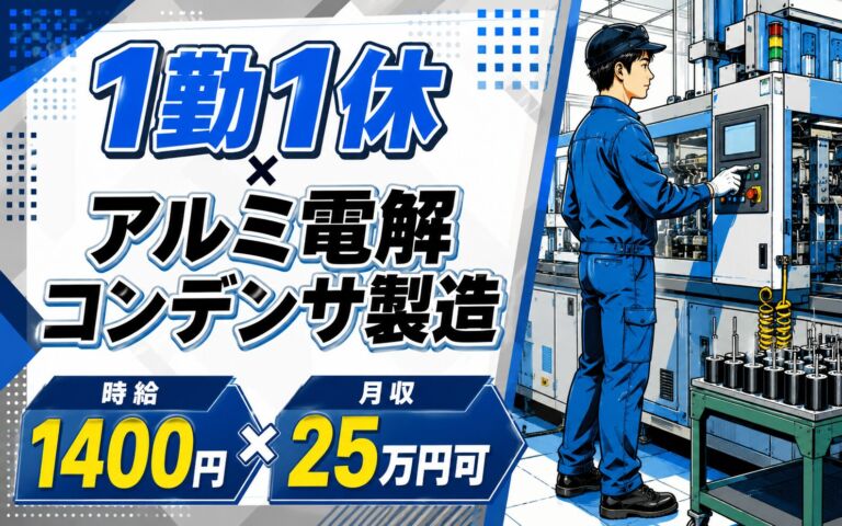 1勤1休×アルミ電解コンデンサ製造×大手電子部品！機械セット・確認／時給1400円・月収25万