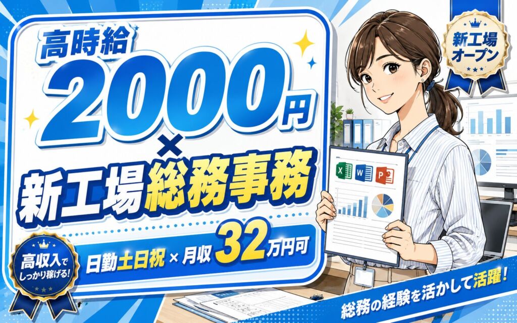 高時給2000円×新工場×総務事務！Excel/Word/PPTで資料作成／日勤土日祝・月収32万