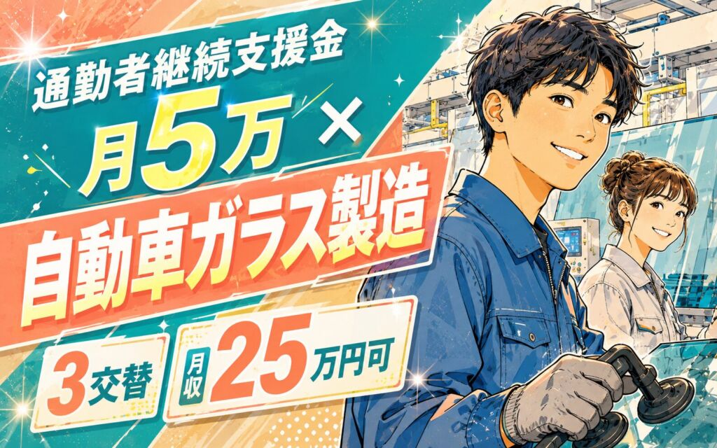 通勤者継続支援金月5万×自動車ガラス×大手ガラスメーカー！加工/検査／3交替・月収25万・愛川