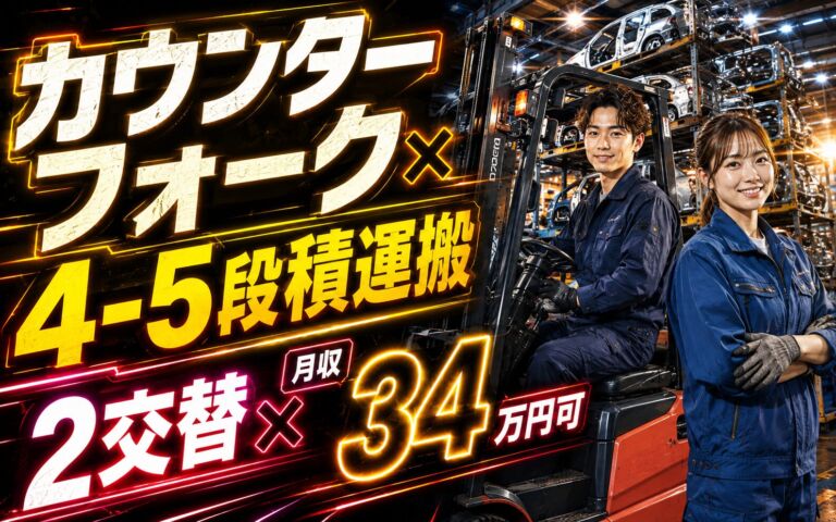 実質寮費無料×カウンターフォーク×自動車フレーム運搬！4-5段積運搬／時給1600円・2交替・月収34万