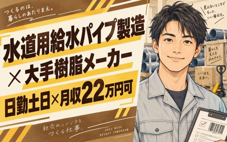 水道用給水パイプ製造×大手樹脂メーカー！樹脂管梱包・出荷照合・ハンドリフト運搬／日勤土日・月収22万
