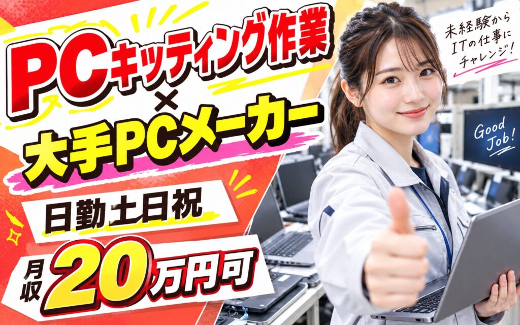 PCキッティング作業×大手PCメーカー！デスクトップ/ノート/タブレット初期設定／日勤土日祝・月収20万