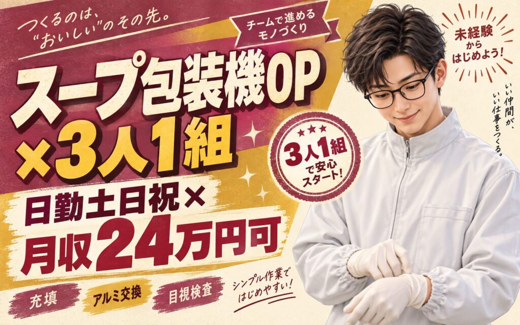 スープ包装機OP×大手食品！3人1組で充填/アルミ交換/目視検査／日勤土日祝・月収24万・嵐山