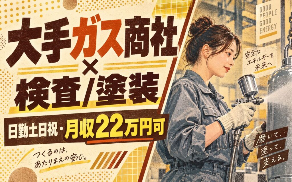 ガス容器の検査/塗装×大手ガス商社！機械OP研磨・手作業再塗装／時給1400円・日勤土日祝・月収22万・東松山