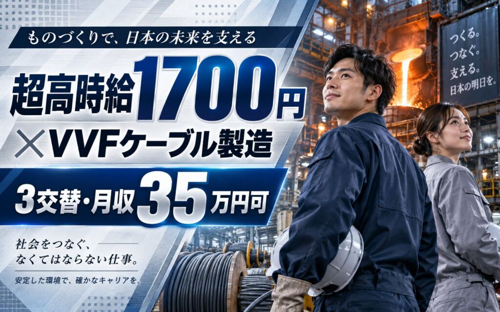 超高時給1700円×VVFケーブル製造×大手電装！鋳造工程の溶鉱炉作業／3交替・月収35万・御殿場