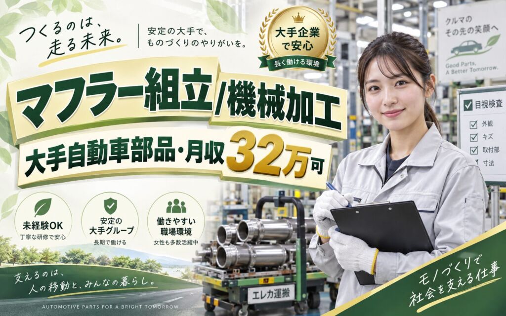 マフラー組立/機械加工×大手自動車部品！エレカ運搬・目視検査／時給1400円・2交替・月収32万・幸田