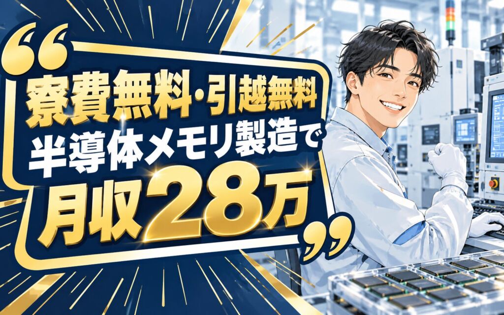 寮費無料(家賃上限5万)+引越無料×半導体メモリ機械OP×大手半導体！2交替・月収28万・四日市