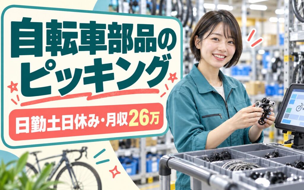 自転車部品ピッキング×大手物流！液晶端末付台車で簡単／日勤土日休み・月収26万・京田辺