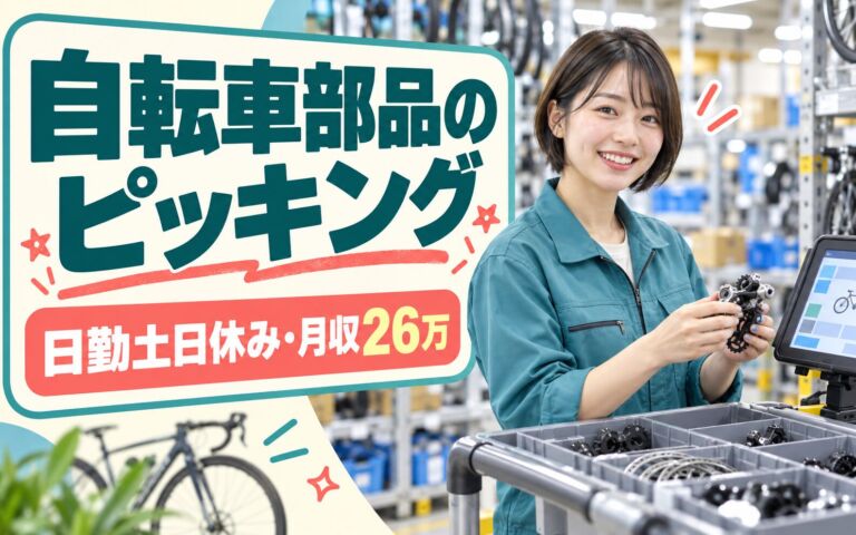 自転車部品ピッキング×大手物流！液晶端末付台車で簡単／日勤土日休み・月収26万・京田辺