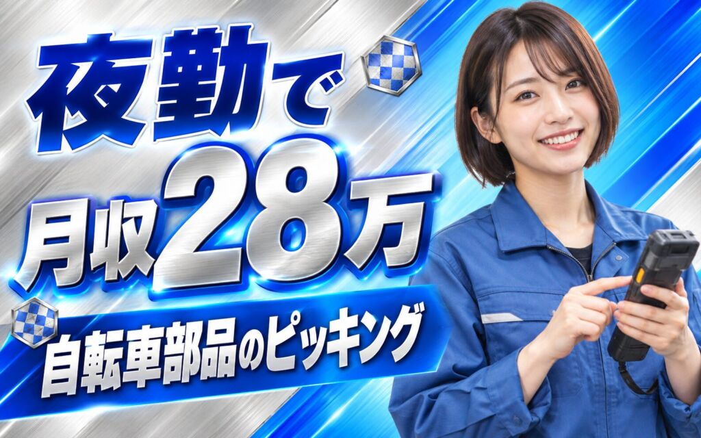 自転車部品ピッキング(夜勤)×大手物流！液晶端末/スマホ読込・重量物なし／月収28万・京田辺