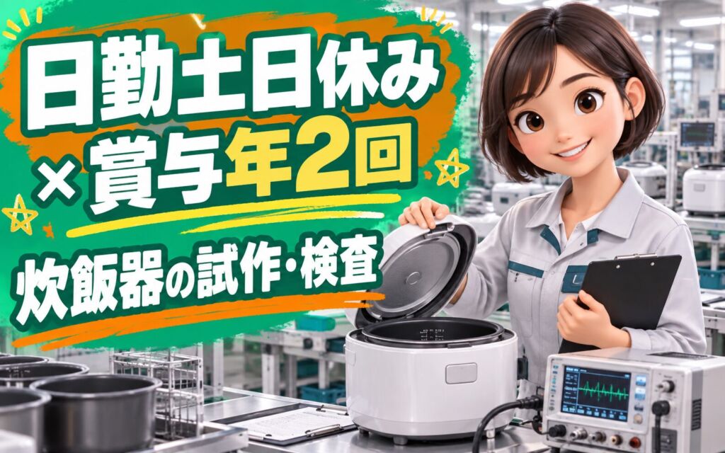 日勤×土日休み×製造社員×賞与年2回×大手家電！炊飯器の試作・検査／月収21万円可・大東市
