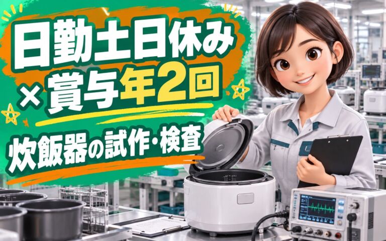 日勤×土日休み×製造社員×賞与年2回×大手家電！炊飯器の試作・検査／月収21万円可・大東市