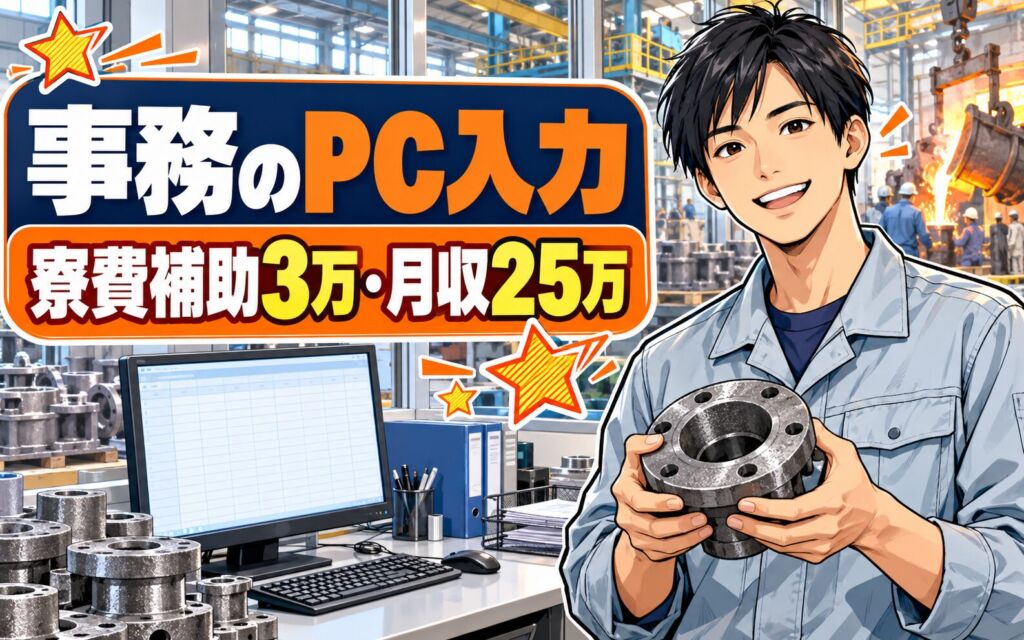 寮費補助3万×鋳鋼製造部PC事務(PPT/Word)×大手機械！日勤土日祝・月収25万・枚方