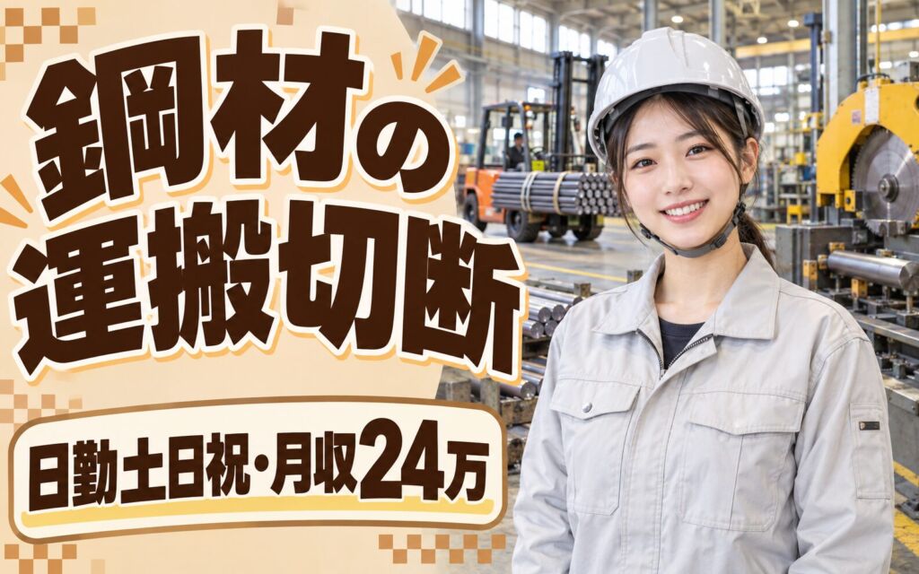 超高時給1500円×ボルト/ナット用鋼材リフト運搬/切断×大手金属！日勤土日祝・月収24万・神戸