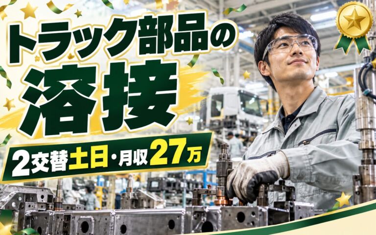 寮費無料+祝金5万×トラック部品スポット溶接(手のひらサイズ)！ロボット溶接／2交替土日・月収27万・北九州