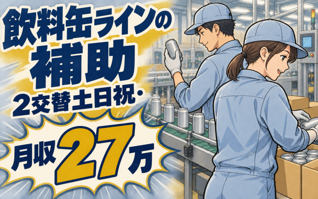 飲料缶ライン補助/目視検査(抜き取り)×大手製罐！箱詰めボタン操作／2交替土日祝・月収27万・加古川