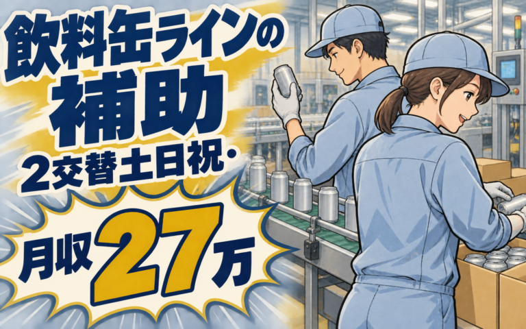 飲料缶ライン補助/目視検査(抜き取り)×大手製罐！箱詰めボタン操作／2交替土日祝・月収27万・加古川