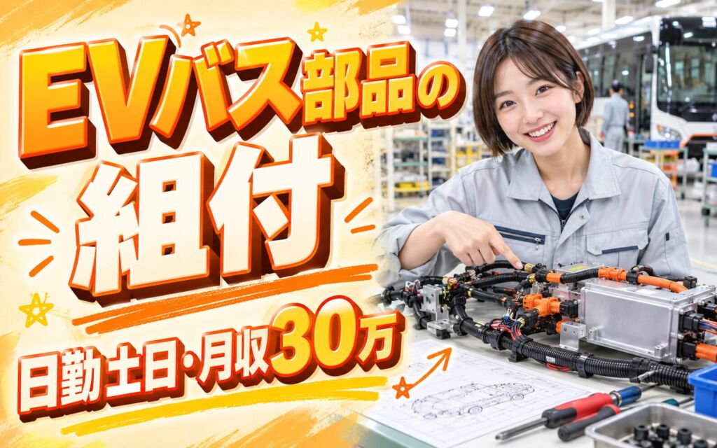 EVバス×電装品図面組付(ドライバー使用)！シャワー個別ロッカー完備／日勤土日・月収30万・北九州若松
