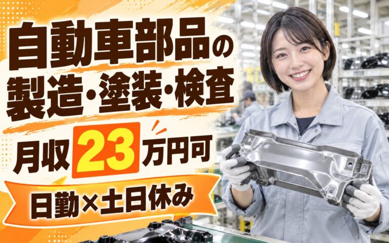丁寧な指導×残業少なめ！自動車部品の製造・塗装・検査スタッフ／月収23万円可・日勤×土日休み