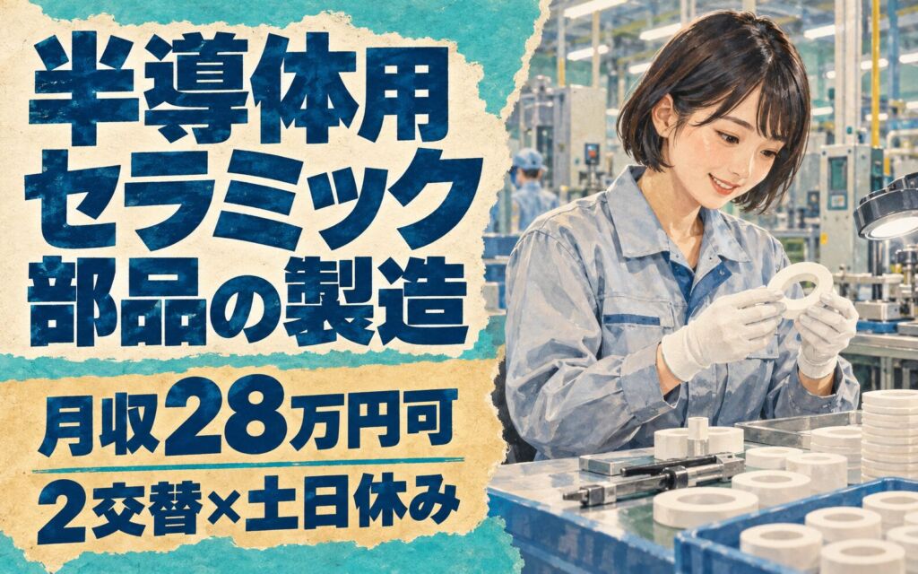 落ち着いた職場×長期安定！半導体用セラミック部品の製造スタッフ／月収28万円可・2交替×土日休み